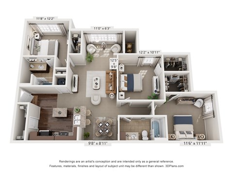 Floor plan for 3 beds, 2 baths, 1362 sqft